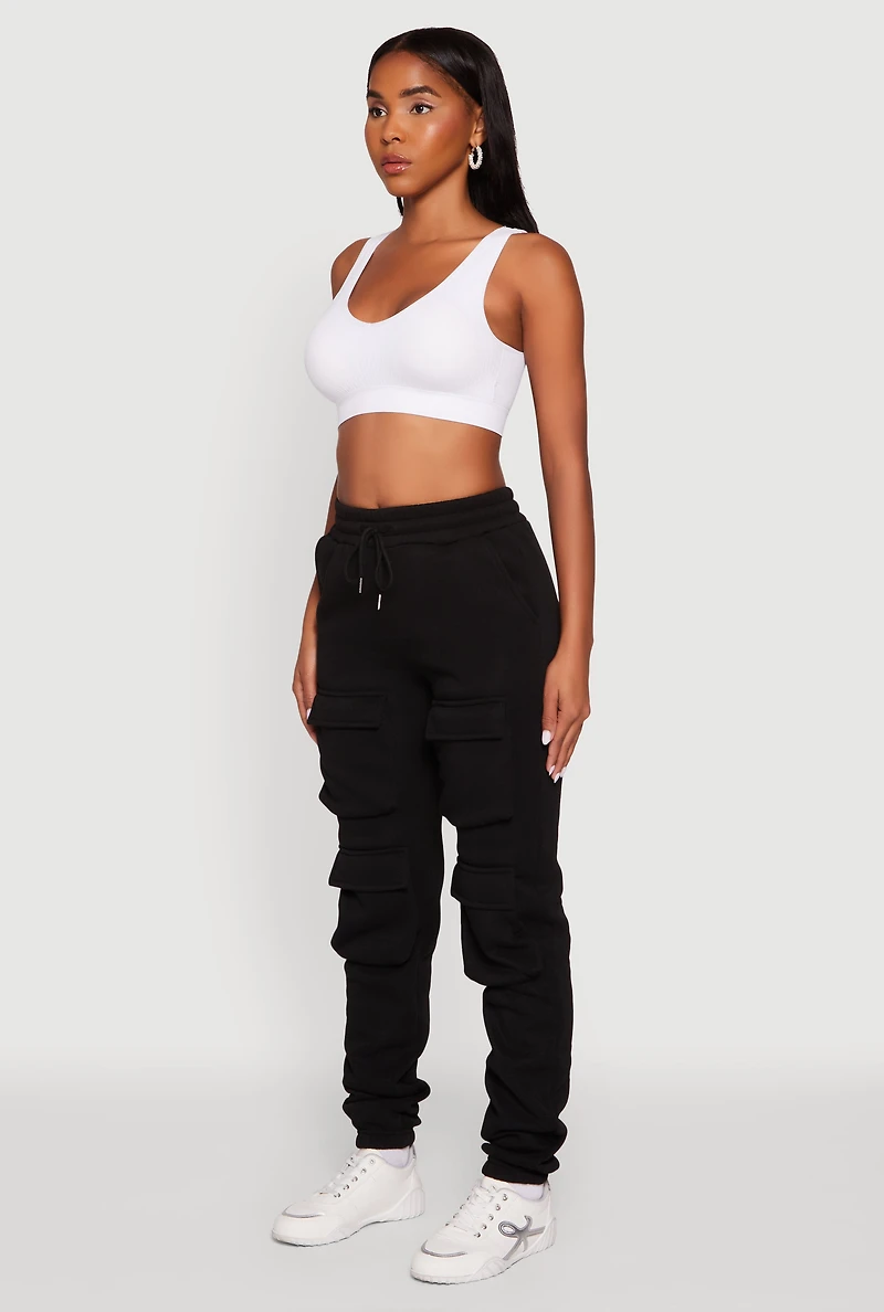 Womens High Waisted Fleece Stacked Cargo Pocket Sweatpants,