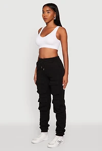 Womens High Waisted Fleece Stacked Cargo Pocket Sweatpants,
