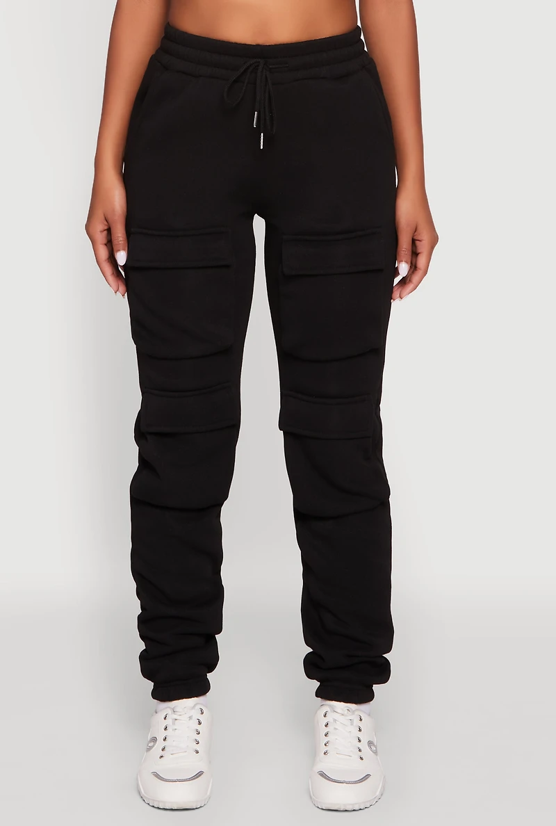 Womens High Waisted Fleece Stacked Cargo Pocket Sweatpants,