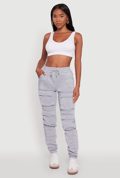 Womens High Waisted Fleece Stacked Cargo Pocket Sweatpants, Grey, Size M