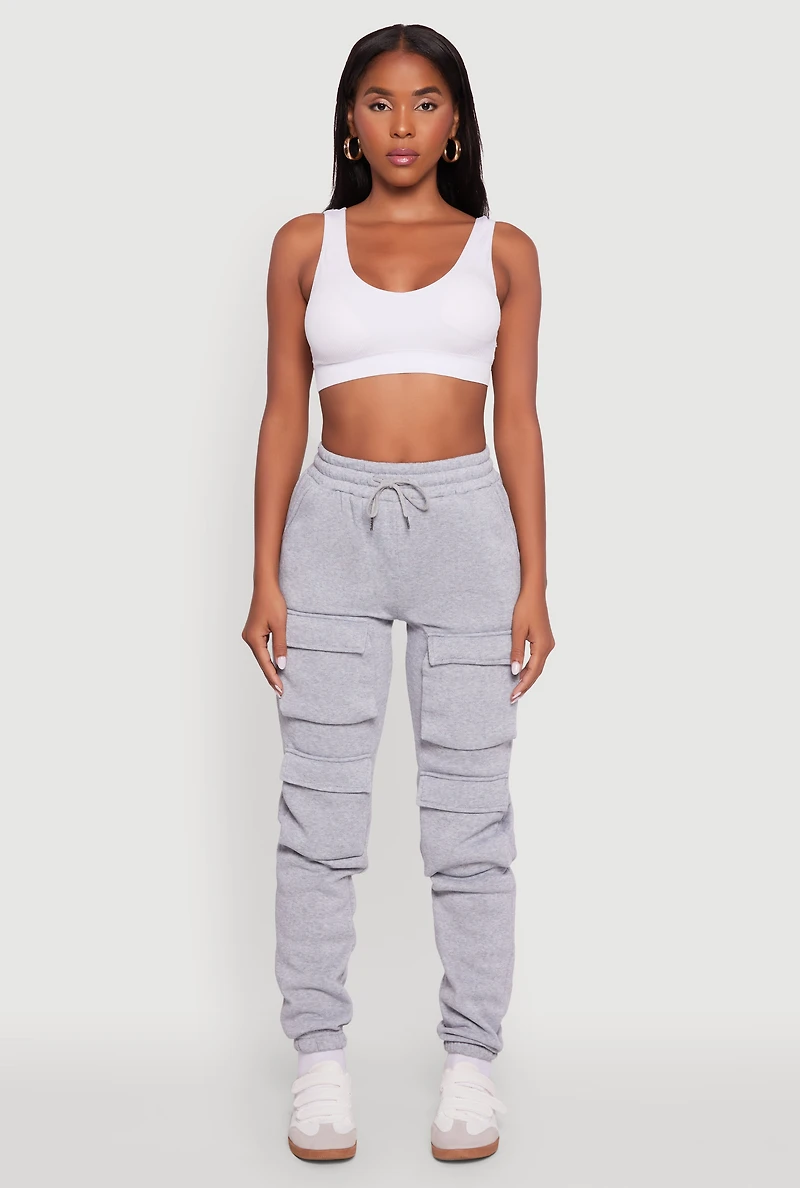 Womens High Waisted Fleece Stacked Cargo Pocket Sweatpants, Grey, Size M