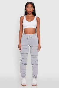 Womens High Waisted Fleece Stacked Cargo Pocket Sweatpants, Grey, Size M