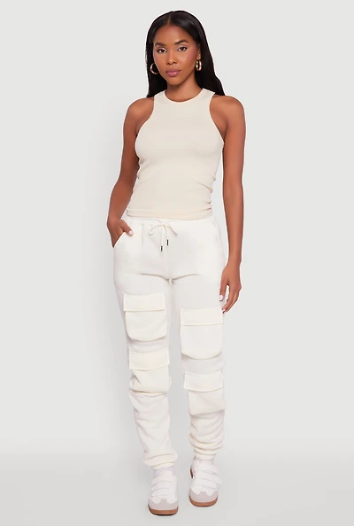 Womens High Waisted Fleece Cargo Pocket Sweatpants, White, Size S