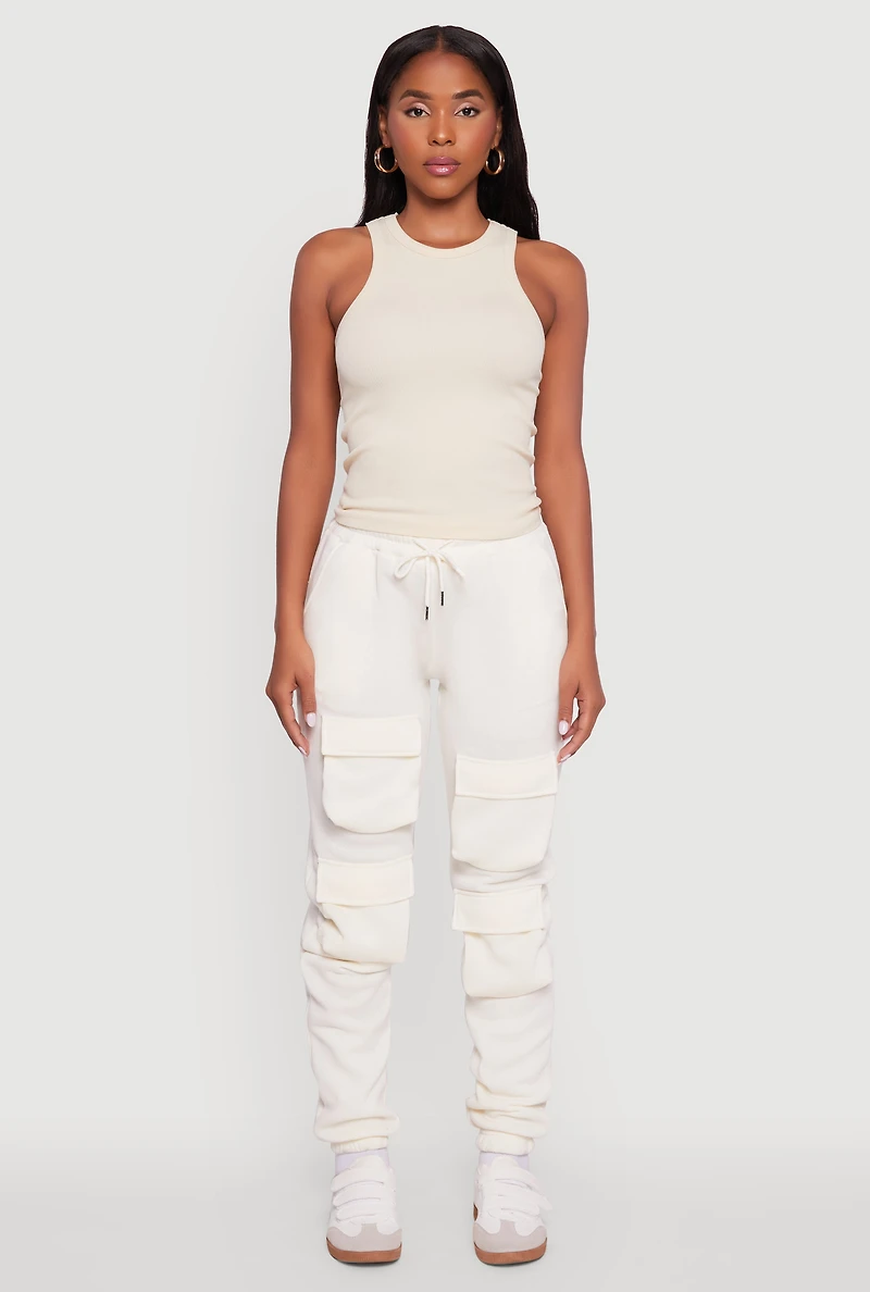 Womens High Waisted Fleece Cargo Pocket Sweatpants, White, Size XL