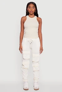 Womens High Waisted Fleece Cargo Pocket Sweatpants, White, Size XL