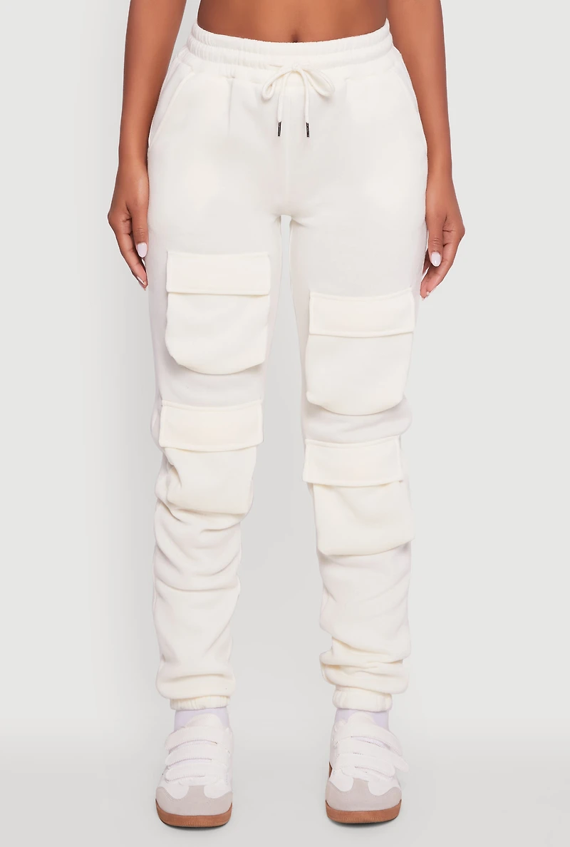 Womens High Waisted Fleece Cargo Pocket Sweatpants, White, Size XL