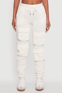 Womens High Waisted Fleece Cargo Pocket Sweatpants, White, Size XL