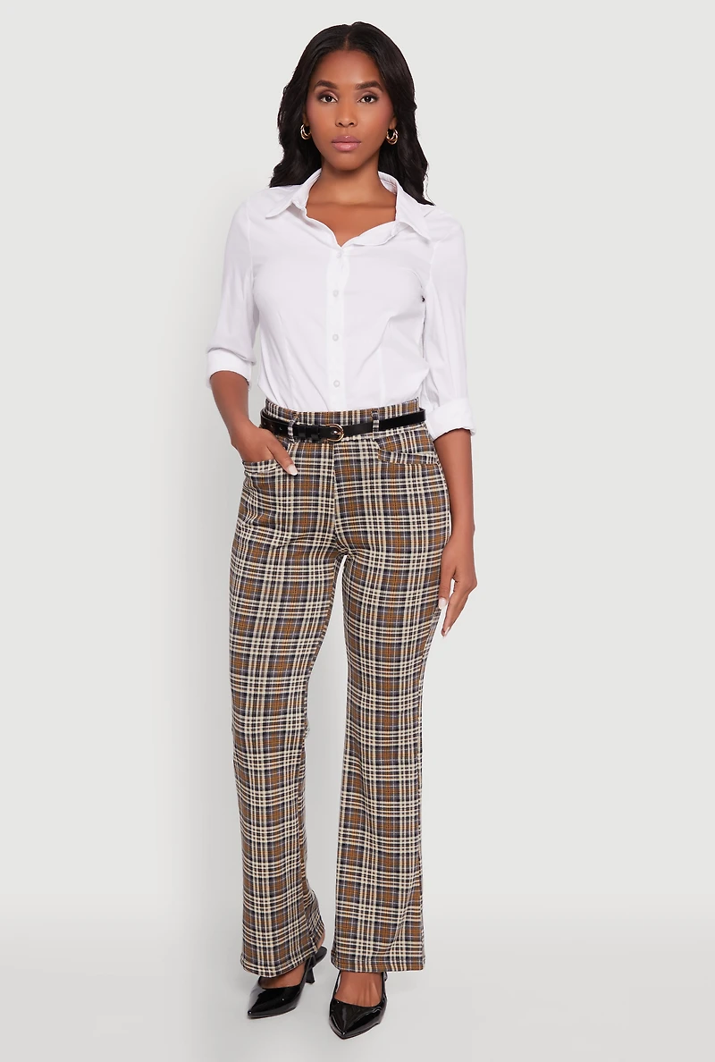 Womens High Waisted Plaid Boot Cut Trousers with Belt, Brown, Size S