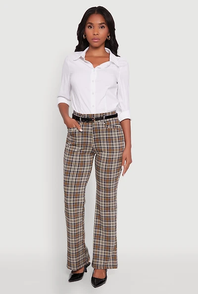 Womens High Waisted Plaid Boot Cut Trousers with Belt, Brown, Size S