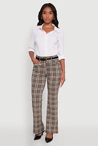 Womens High Waisted Plaid Boot Cut Trousers with Belt, Brown, Size S
