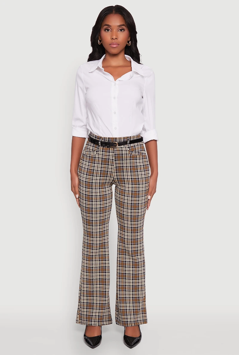 Womens High Waisted Plaid Boot Cut Trousers with Belt, Brown, Size S