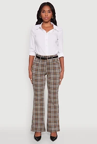 Womens High Waisted Plaid Boot Cut Trousers with Belt, Brown, Size S