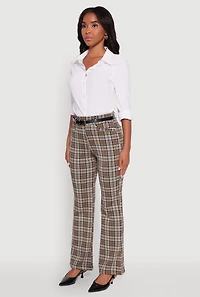 Womens High Waisted Plaid Boot Cut Trousers with Belt, Brown, Size S