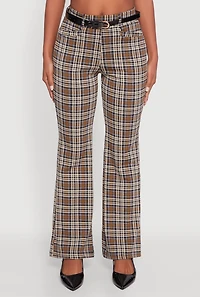 Womens High Waisted Plaid Boot Cut Trousers with Belt, Brown, Size S