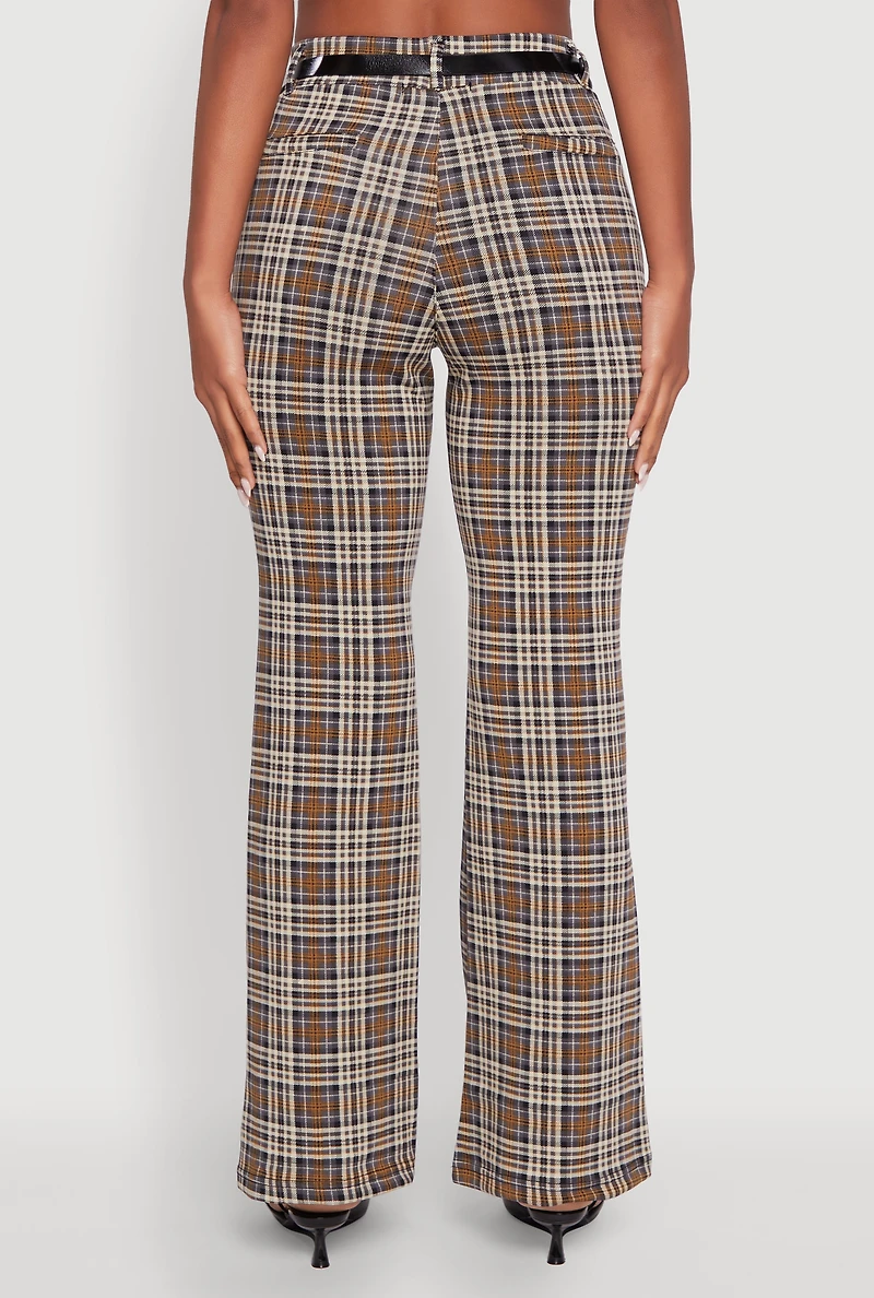 Womens High Waisted Plaid Boot Cut Trousers with Belt, Brown, Size S