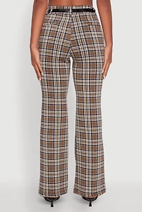 Womens High Waisted Plaid Boot Cut Trousers with Belt, Brown, Size S
