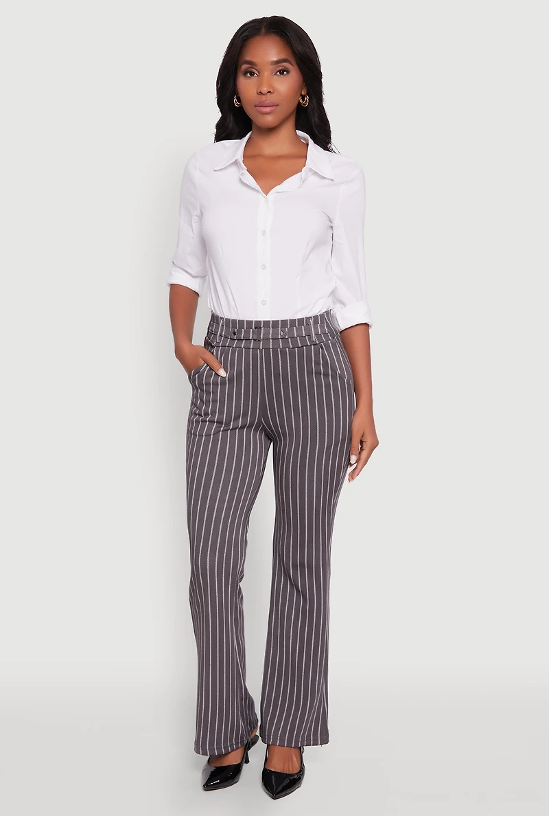 Pinstripe Buckle Detail Mid Rise Dress Pants