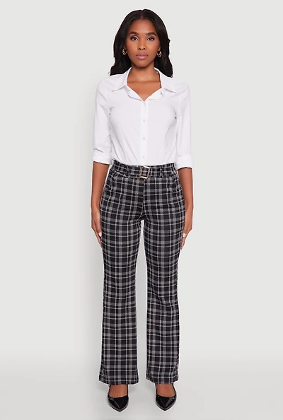 Womens Plaid Belted Front Stretch Flare Pants, Multi, Size M