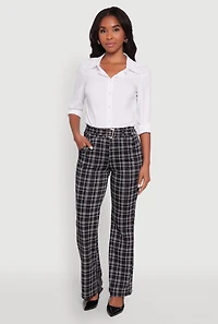 Womens Plaid Belted Front Stretch Flare Pants, Multi, Size M