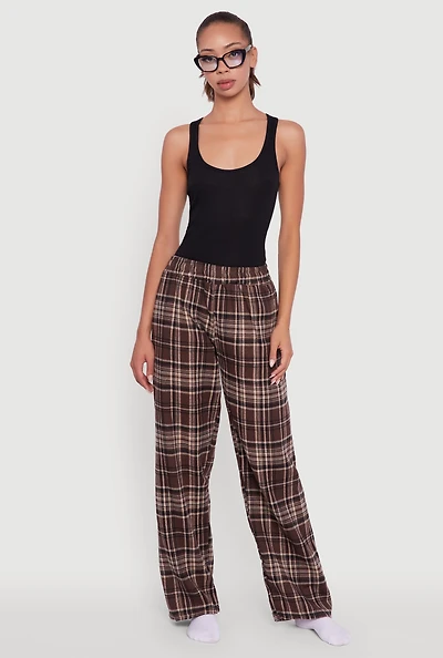 Womens Plaid Flannel Drawstring Waist Pants and Graphic Socks, L