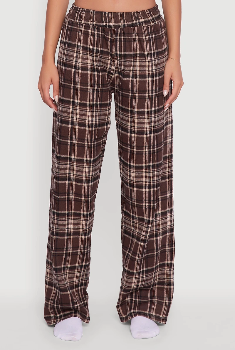 Womens Plaid Flannel Drawstring Waist Pants and Graphic Socks, L