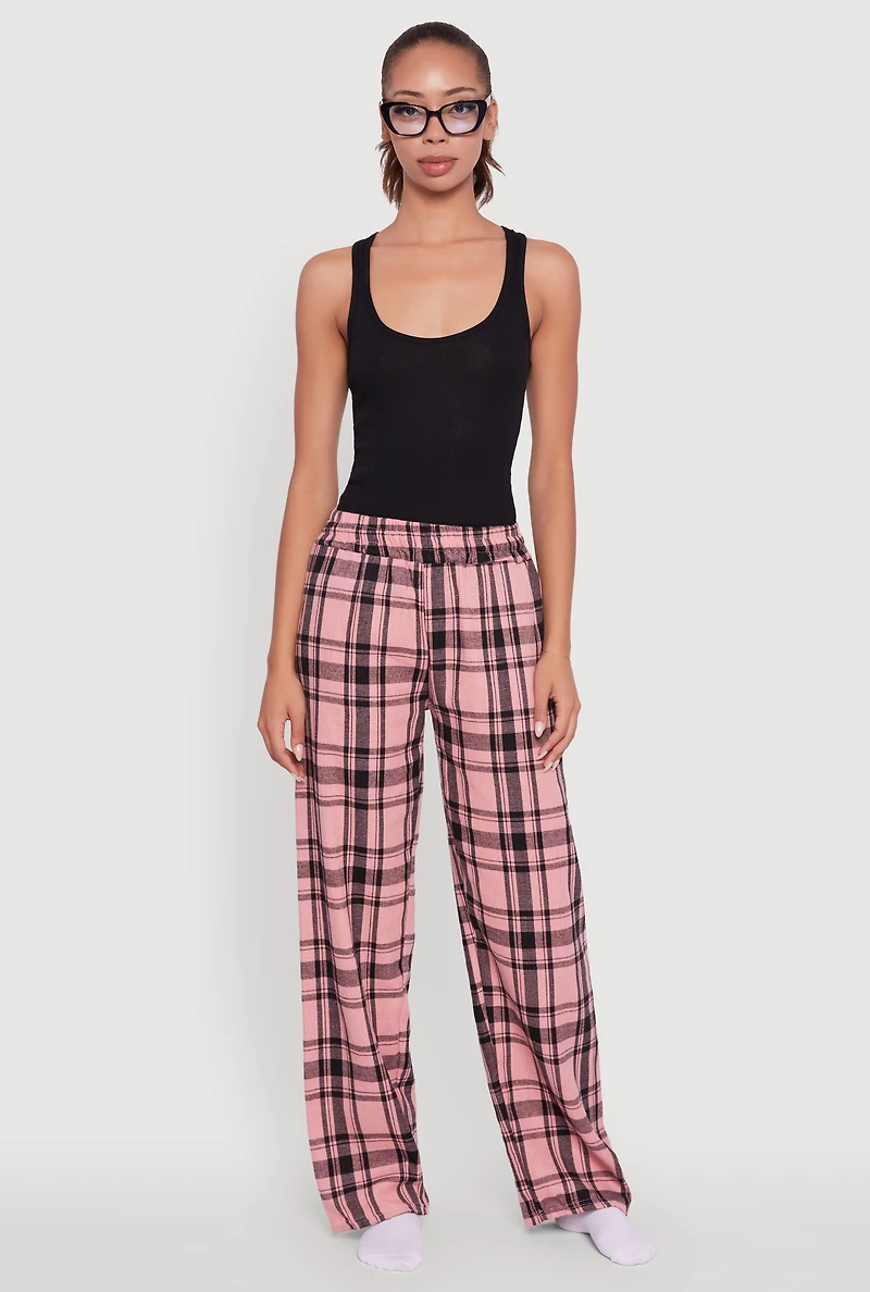 Womens Plaid Flannel Drawstring Waist Pants and Graphic Socks, Pink, Size M
