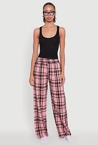 Womens Plaid Flannel Drawstring Waist Pants and Graphic Socks, Pink, Size M