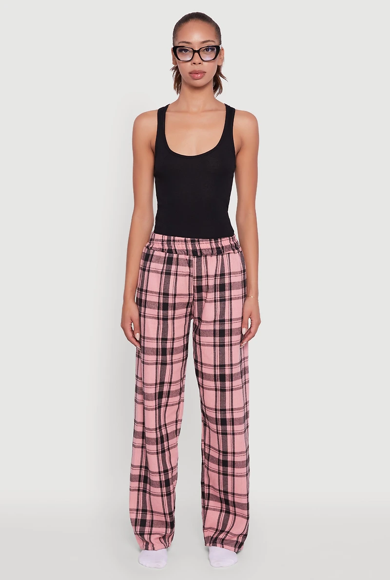 Womens Plaid Flannel Drawstring Waist Pants and Graphic Socks, Pink, Size M