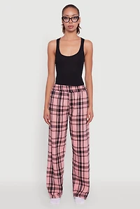 Womens Plaid Flannel Drawstring Waist Pants and Graphic Socks, Pink, Size M