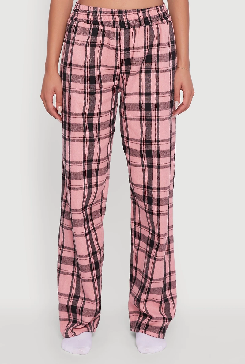 Womens Plaid Flannel Drawstring Waist Pants and Graphic Socks, Pink, Size M