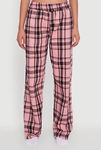 Womens Plaid Flannel Drawstring Waist Pants and Graphic Socks, Pink, Size M