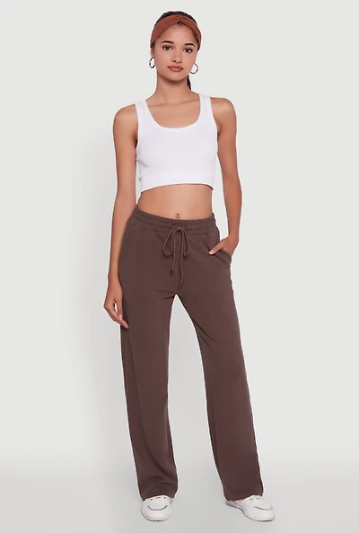 Womens Marled High Waisted Wide Leg Sweatpants with Headband, Brown, Size L
