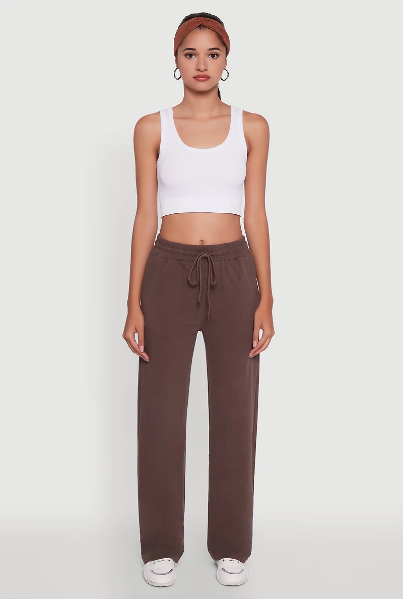 Womens Marled High Waisted Wide Leg Sweatpants with Headband, Brown, Size XL