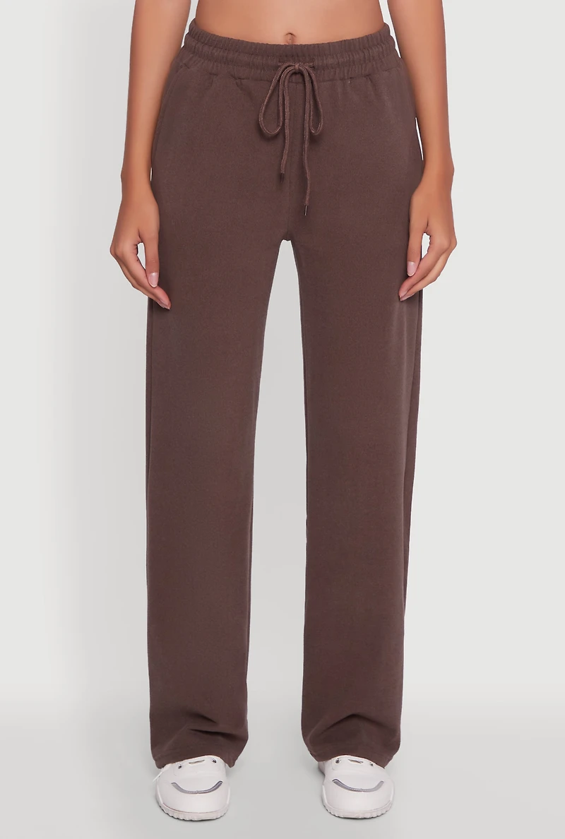 Womens Marled High Waisted Wide Leg Sweatpants with Headband, Brown, Size XL