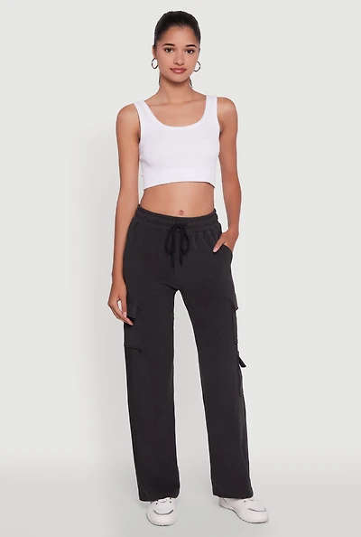 Womens Marled High Waisted Wide Leg Cargo Pocket Sweatpants, Grey, Size S