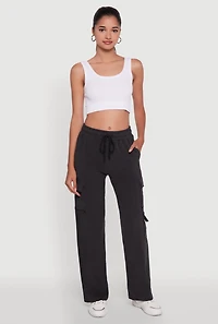 Womens Marled High Waisted Wide Leg Cargo Pocket Sweatpants, Grey, Size S