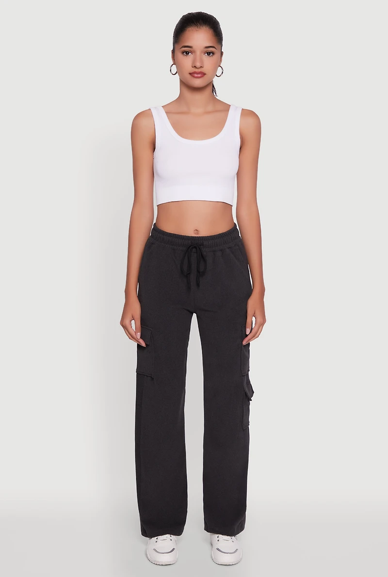Womens Marled High Waisted Wide Leg Cargo Pocket Sweatpants, Grey, Size S