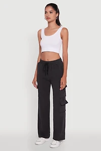Womens Marled High Waisted Wide Leg Cargo Pocket Sweatpants, Grey, Size S