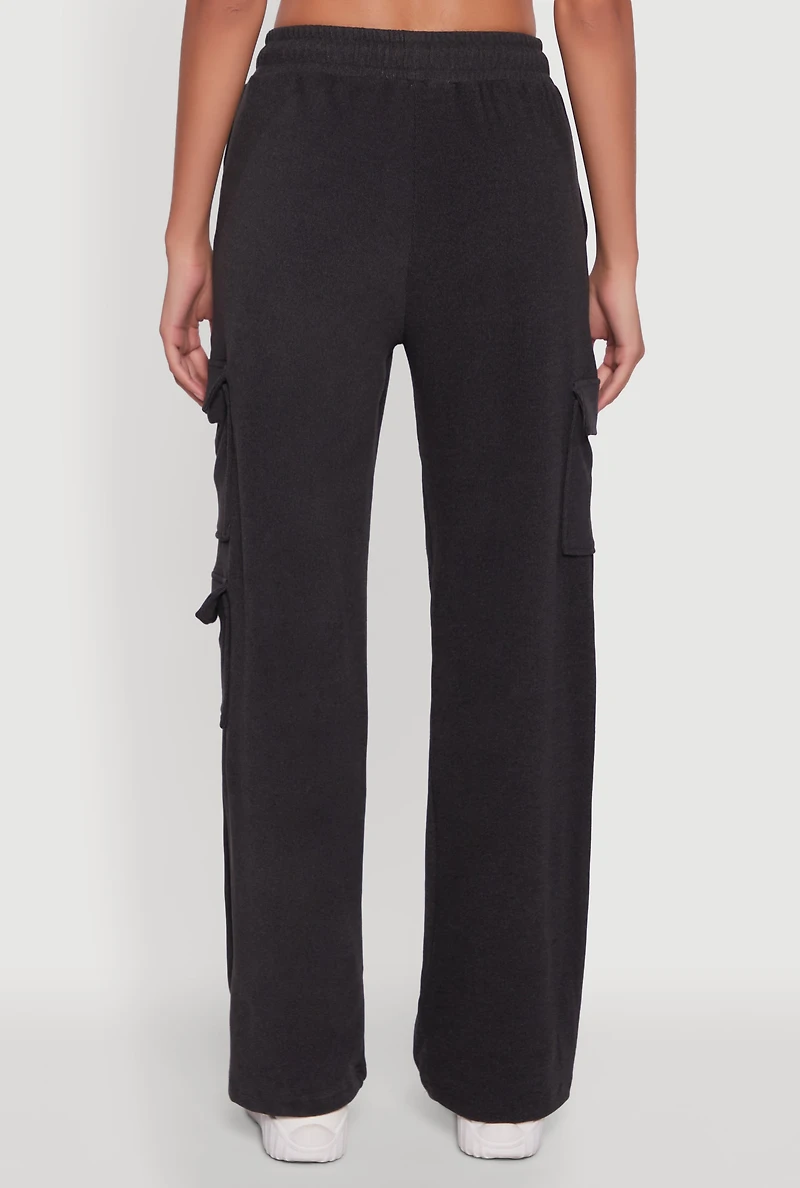 Womens Marled High Waisted Wide Leg Cargo Pocket Sweatpants, Grey, Size S
