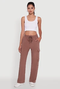 Womens Marled High Waisted Wide Leg Cargo Pocket Sweatpants,