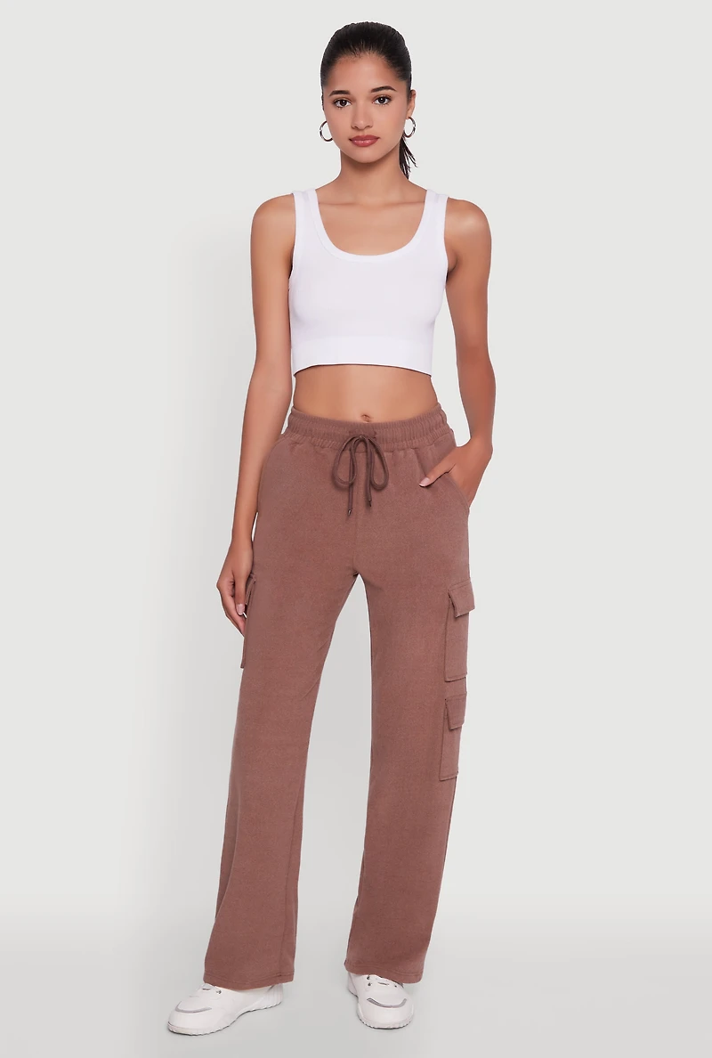 Womens Marled High Waisted Wide Leg Cargo Pocket Sweatpants, Brown, Size M