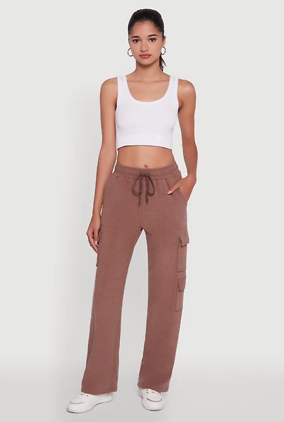 Womens Marled High Waisted Wide Leg Cargo Pocket Sweatpants, Brown, Size M
