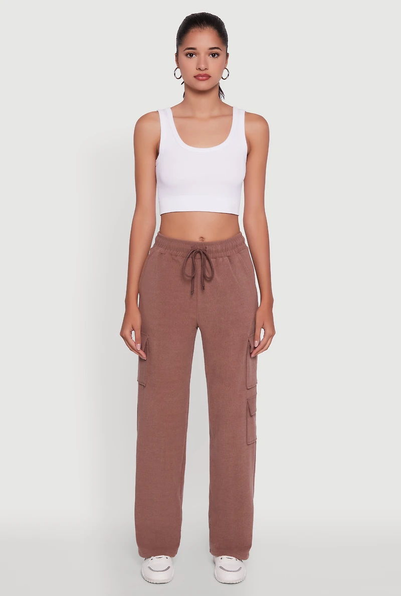 Womens Marled High Waisted Wide Leg Cargo Pocket Sweatpants,
