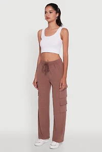 Womens Marled High Waisted Wide Leg Cargo Pocket Sweatpants,