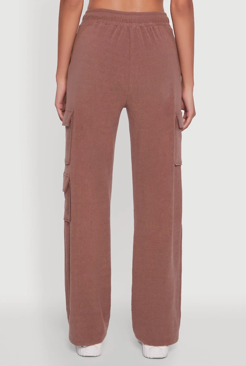 Womens Marled High Waisted Wide Leg Cargo Pocket Sweatpants,