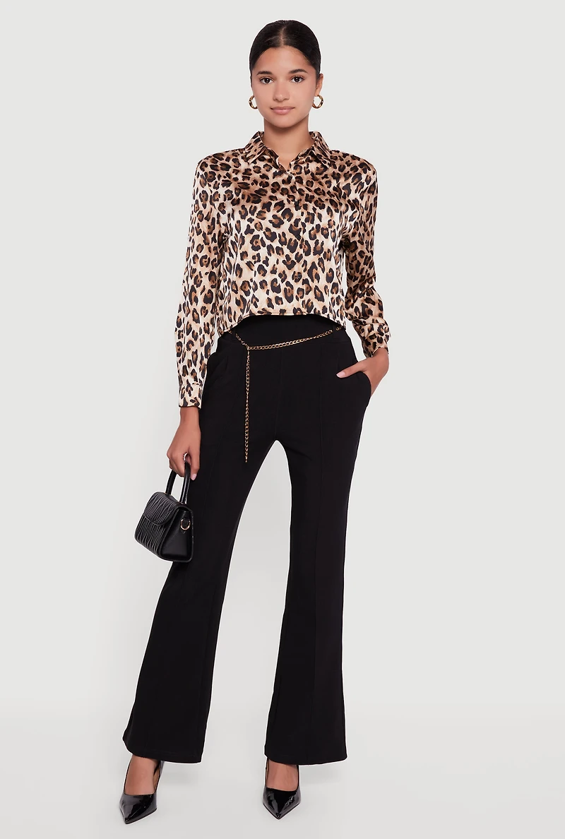 Womens Flare Leg Scuba Dress Pants with Chain Belt, Black, Size XL