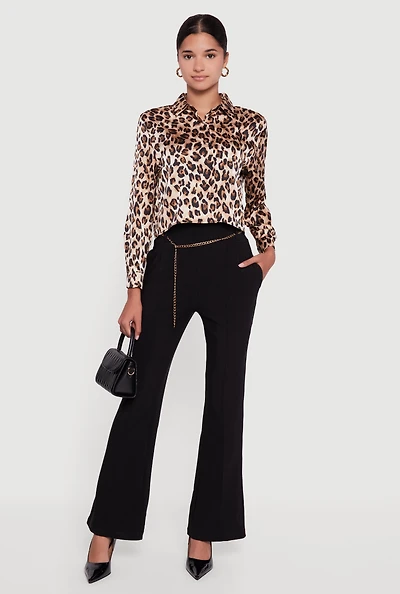 Womens Flare Leg Scuba Dress Pants with Chain Belt, Black, Size XL