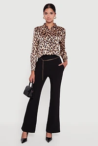 Womens Flare Leg Scuba Dress Pants with Chain Belt, Black, Size XL