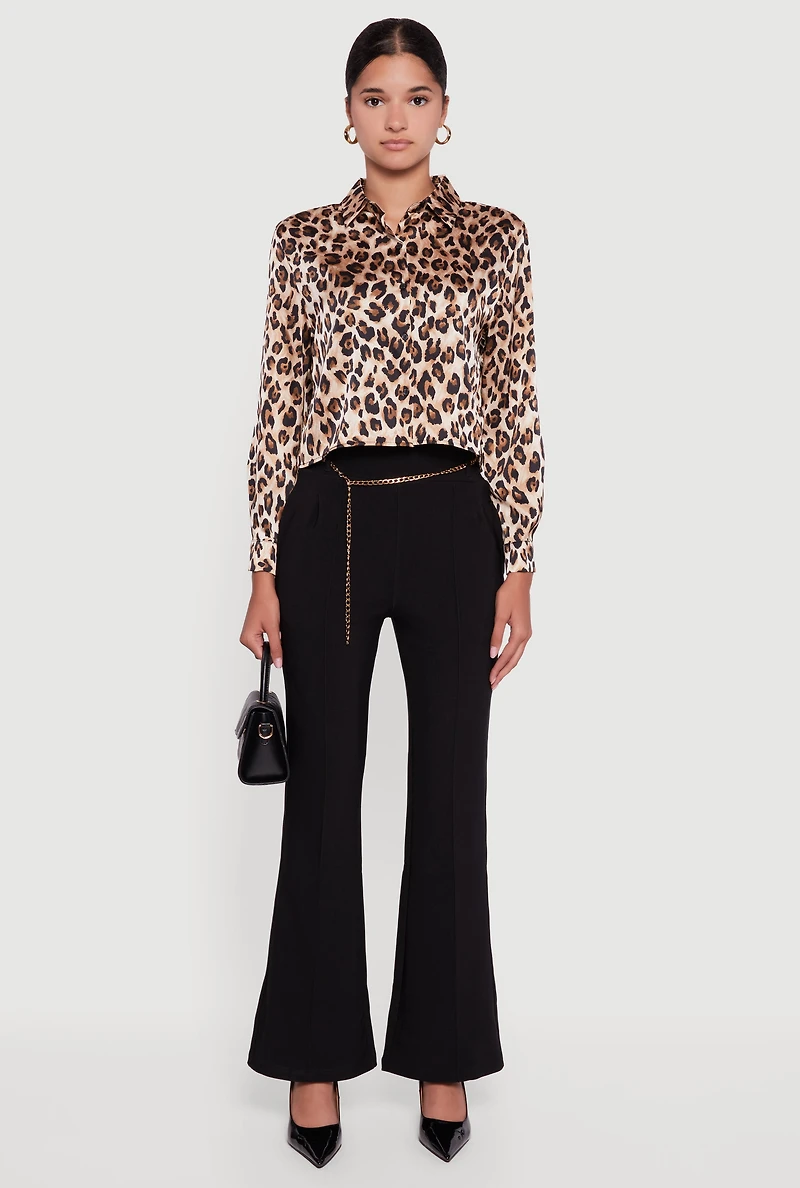 Womens Flare Leg Scuba Dress Pants with Chain Belt, Black, Size XL