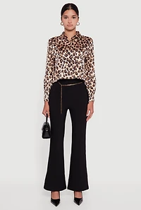 Womens Flare Leg Scuba Dress Pants with Chain Belt, Black, Size S